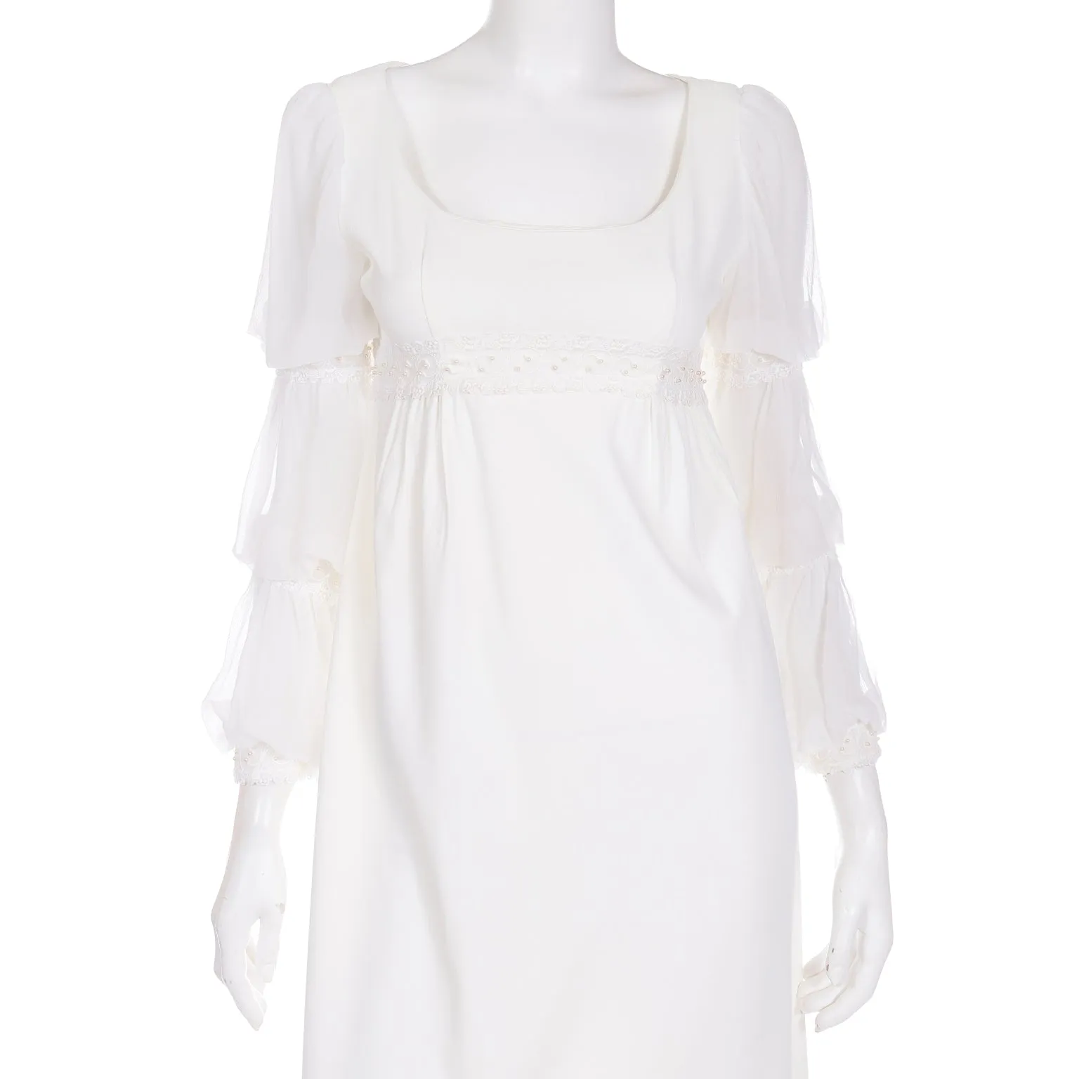 1970s Regency Empire Waist Ivory Crepe Tiered Sleeve Wedding Gown