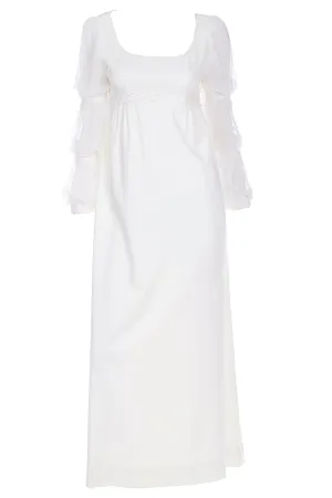 1970s Regency Empire Waist Ivory Crepe Tiered Sleeve Wedding Gown