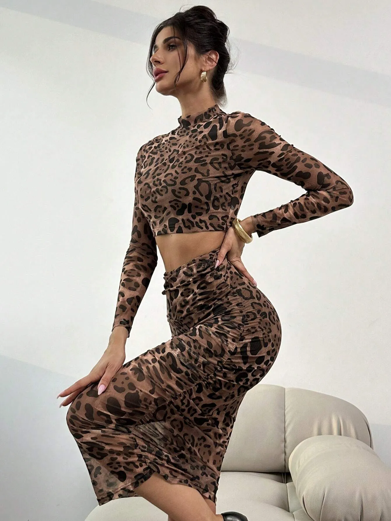 2pcs Women Summer Autumn Sexy Elegant Leopard Print Mesh Bodycon Long Sleeve Crop Top And High Waist Ruched Skirt Set