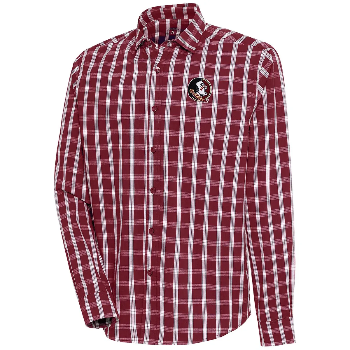 Antigua Men's Seminole Logo Casual Fit Plaid Long Sleeve Woven Shirt - Garnet/White