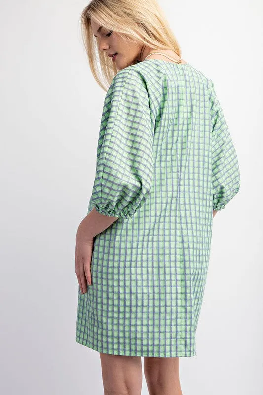 Apple Green Checkered V-Neck Mini Dress with Puff Sleeve