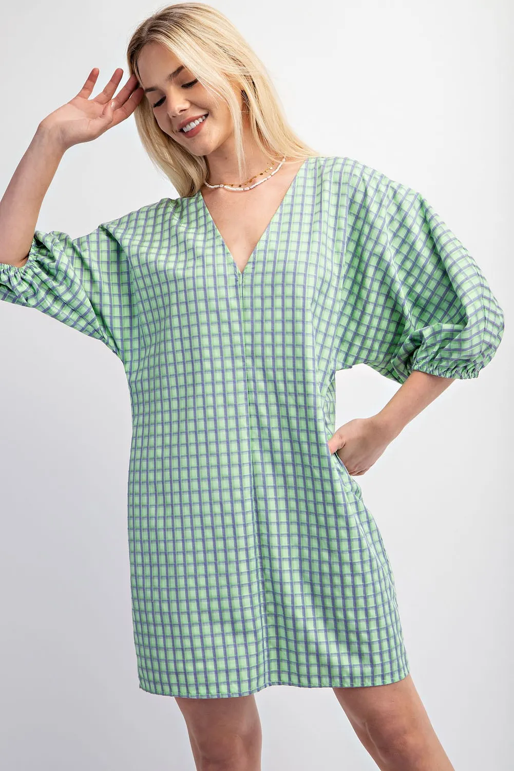 Apple Green Checkered V-Neck Mini Dress with Puff Sleeve