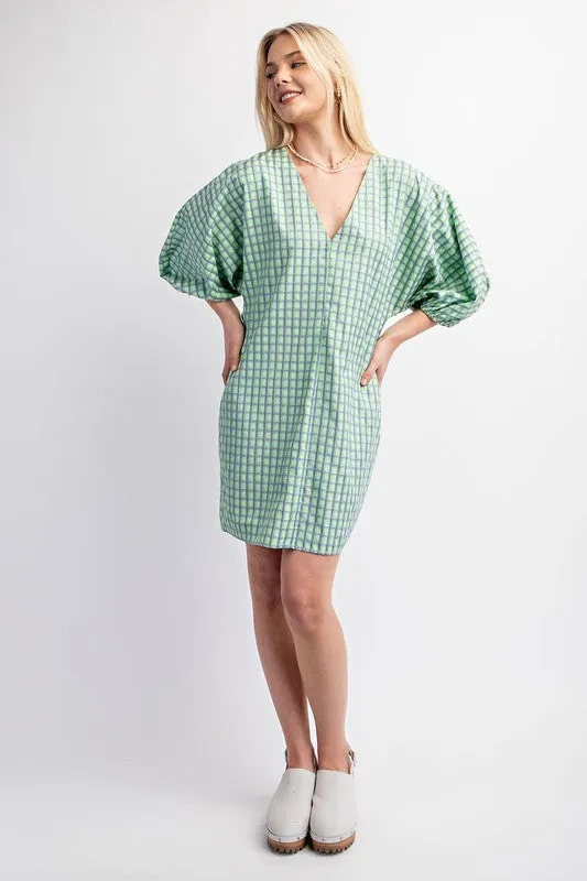 Apple Green Checkered V-Neck Mini Dress with Puff Sleeve