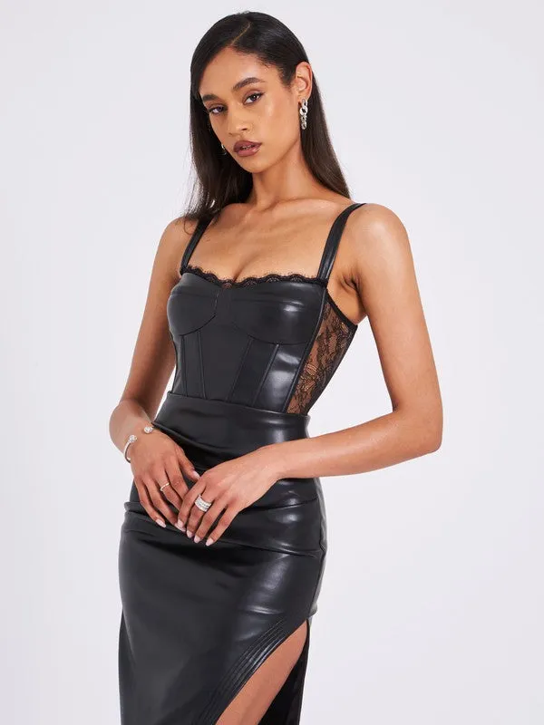 Black Betsy Corset Leather Dress With Lace Detailed