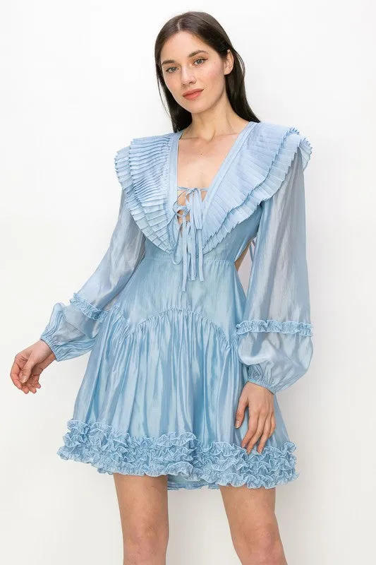 Blue V-Neck Long Sleeve Ruffles Wrinkle Mini Dress