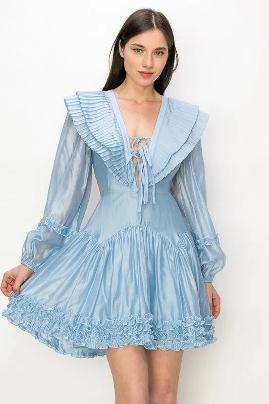 Blue V-Neck Long Sleeve Ruffles Wrinkle Mini Dress