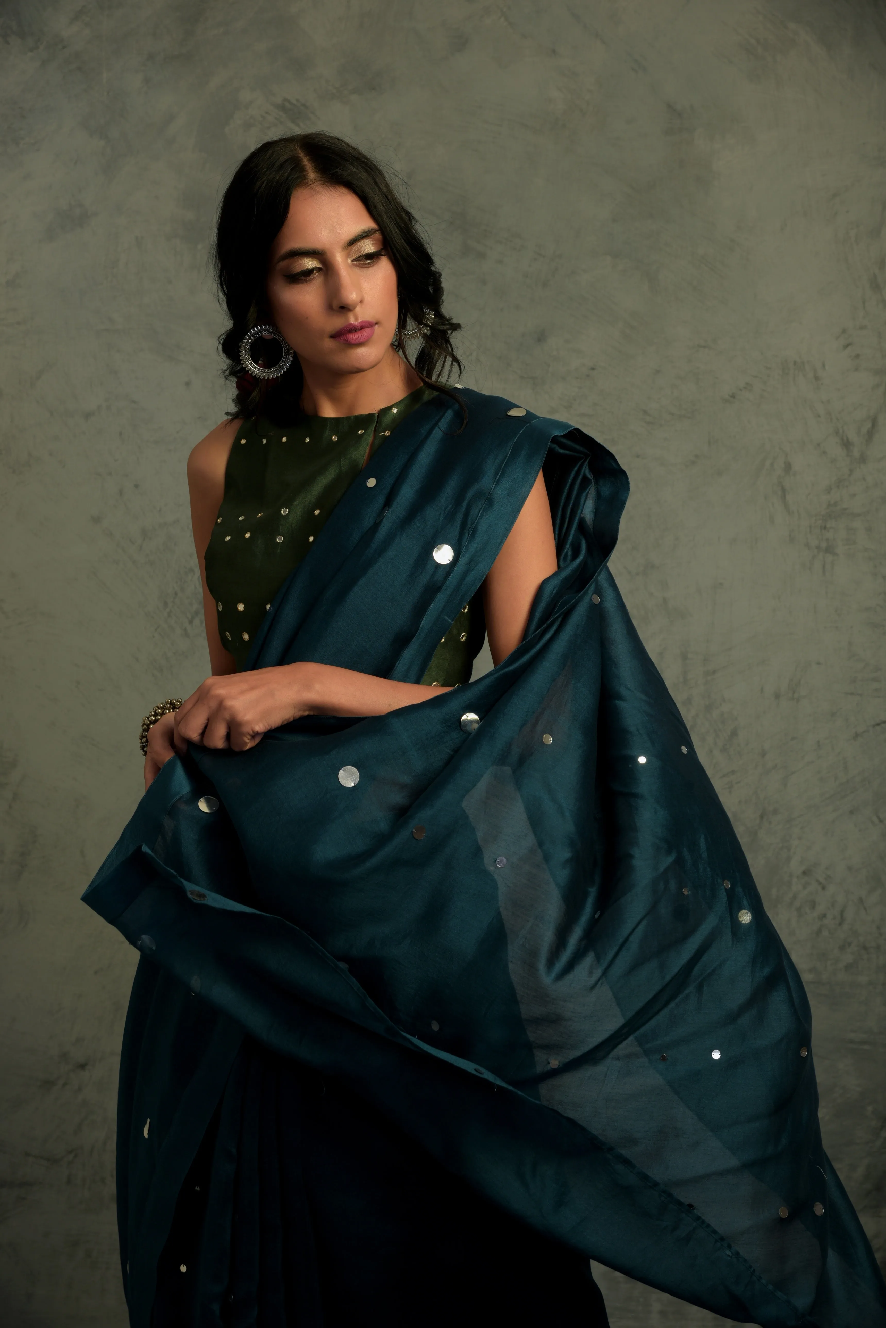 Chanderi teal blue Saree with blouse - set of 2