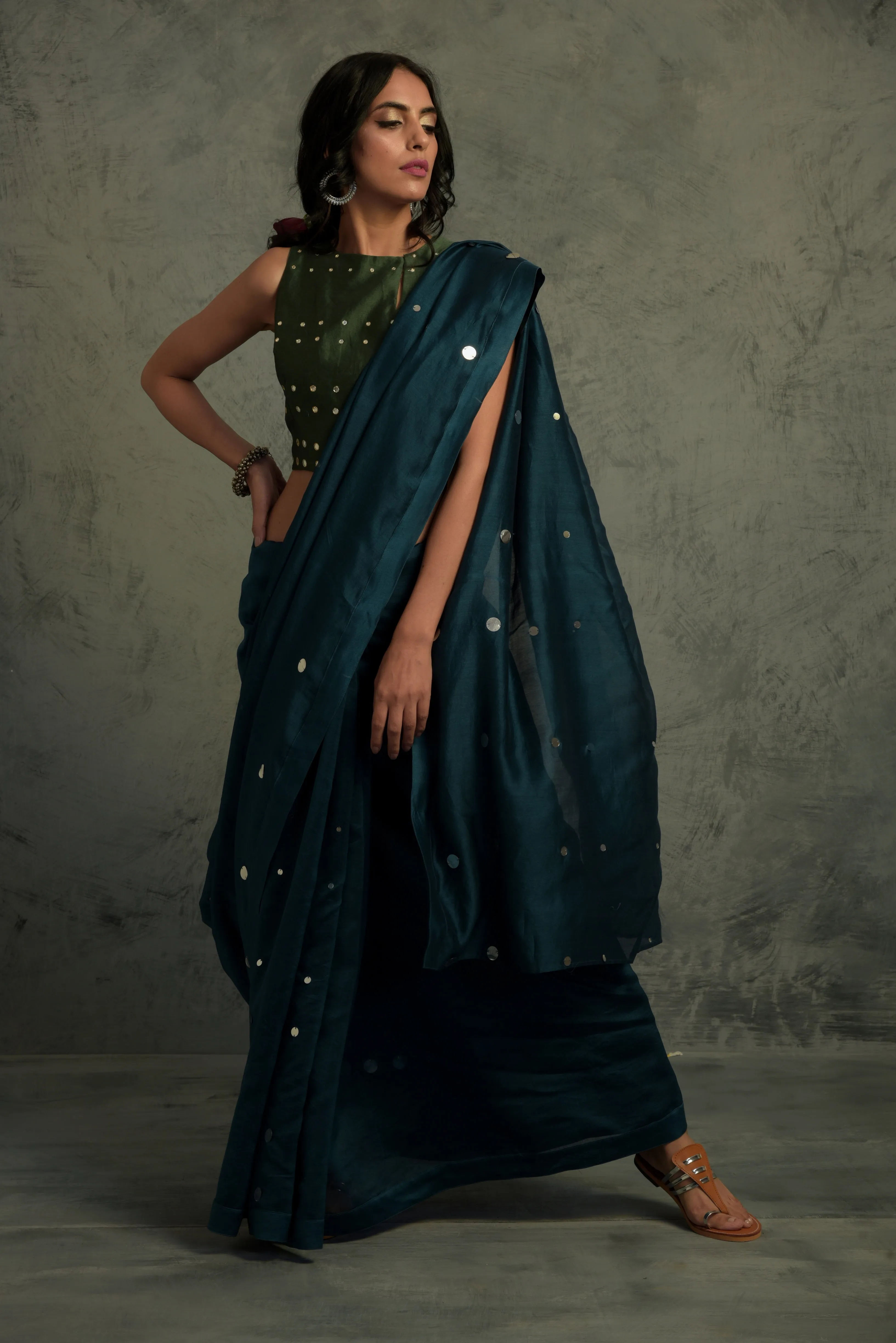 Chanderi teal blue Saree with blouse - set of 2