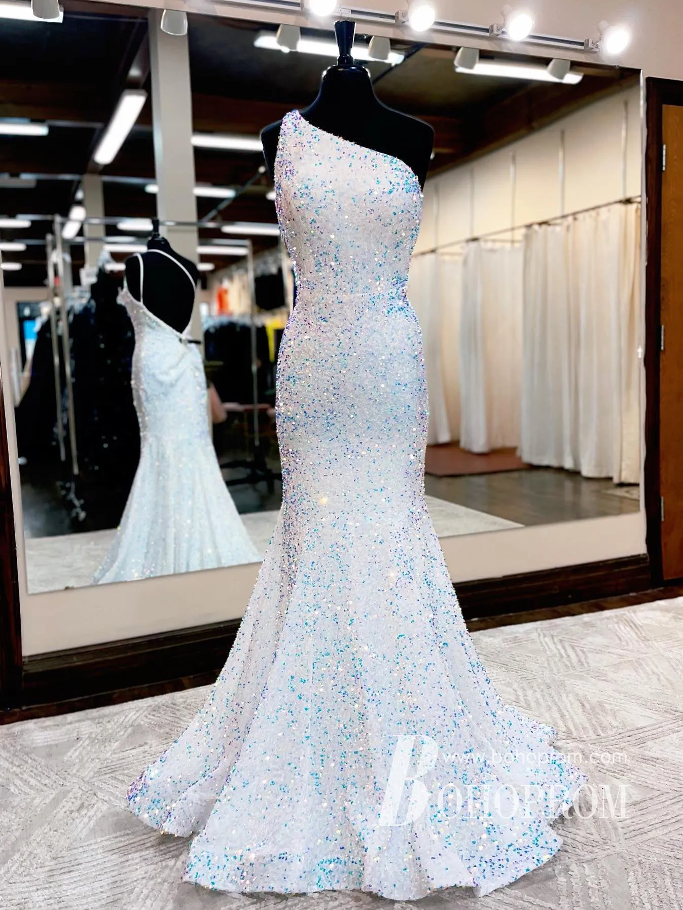 Charming Sequin Lace One shoulder Long Mermaid Prom Dresses PD283