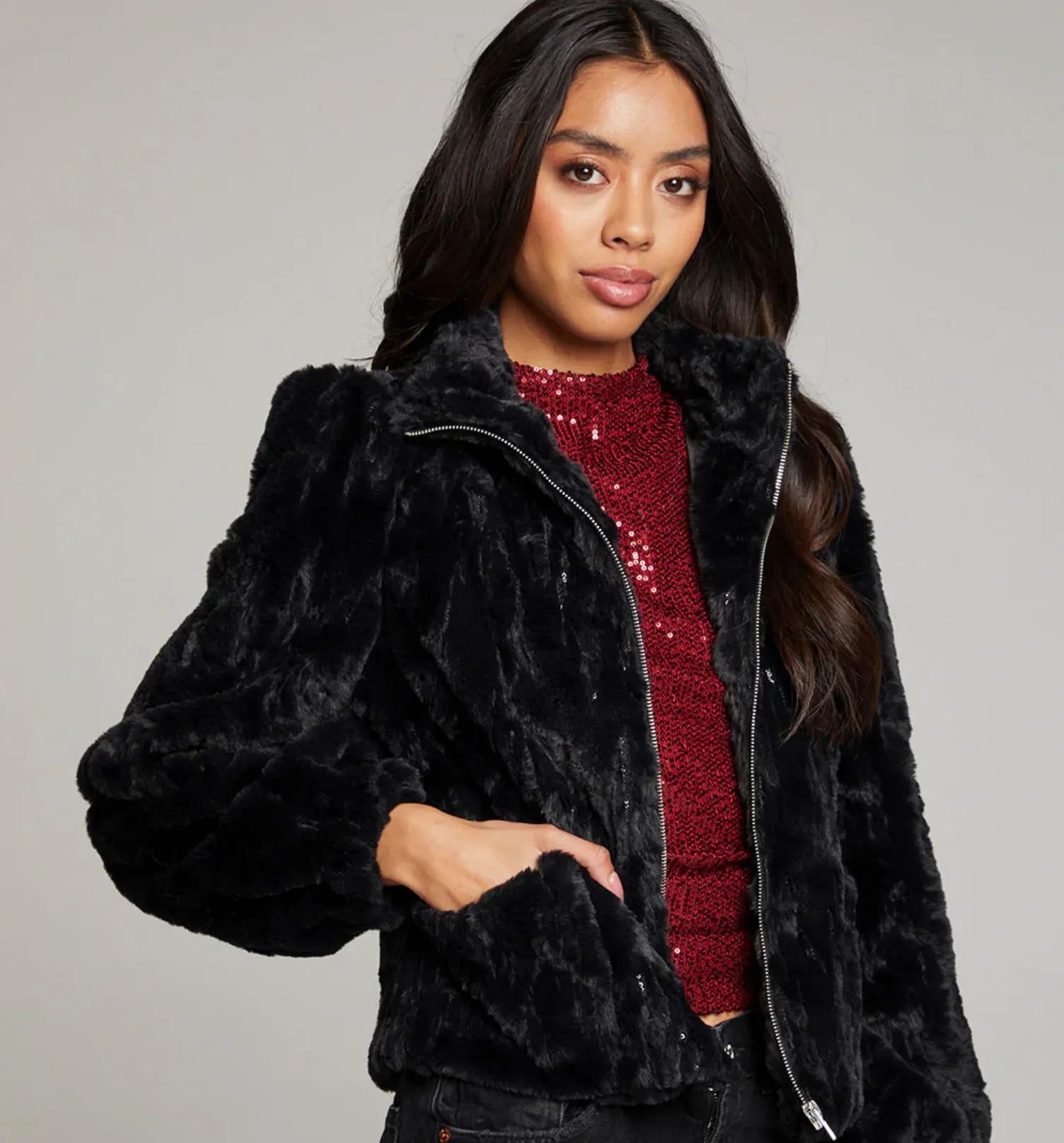 Chaser Fur Puff Sleeve Jacket Licorice