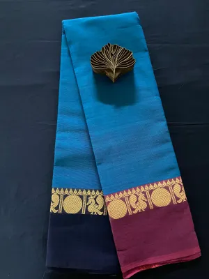 chettinad cotton saree - blue ocean & dual gold border