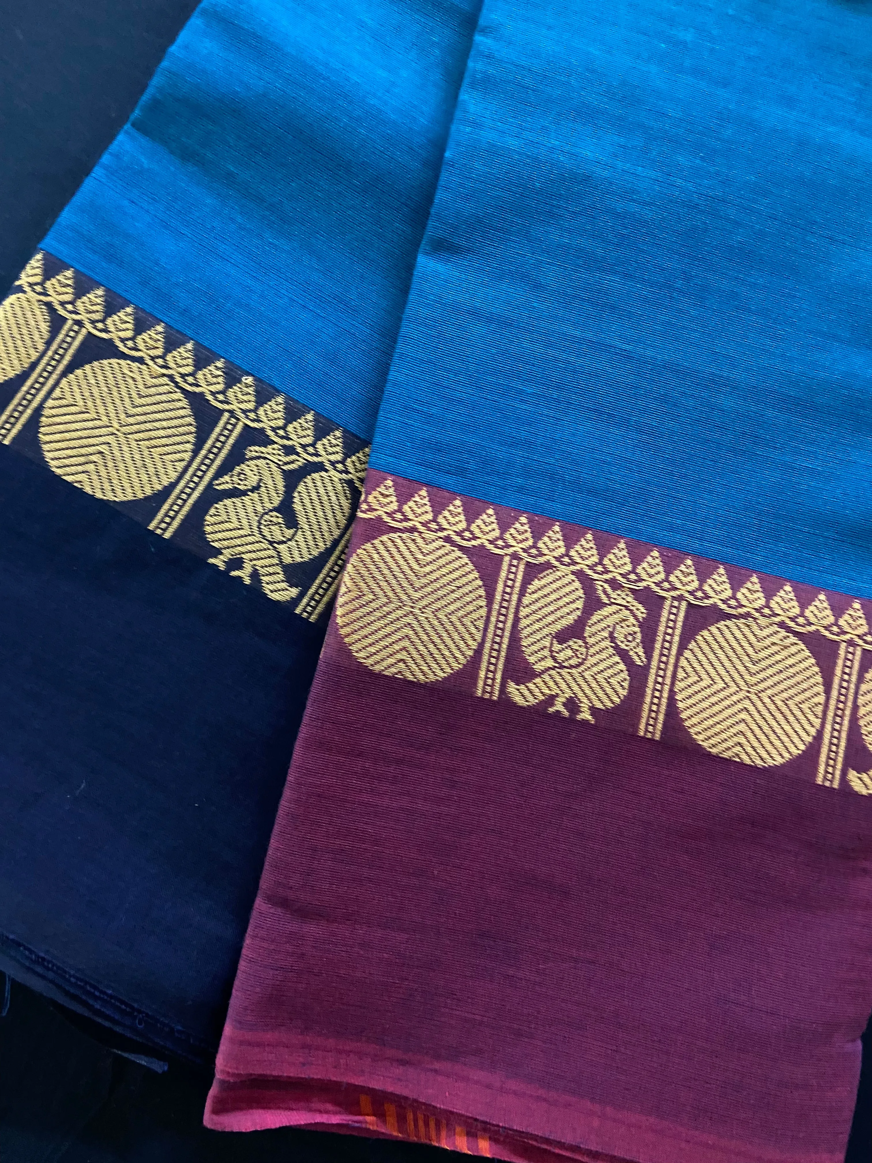 chettinad cotton saree - blue ocean & dual gold border