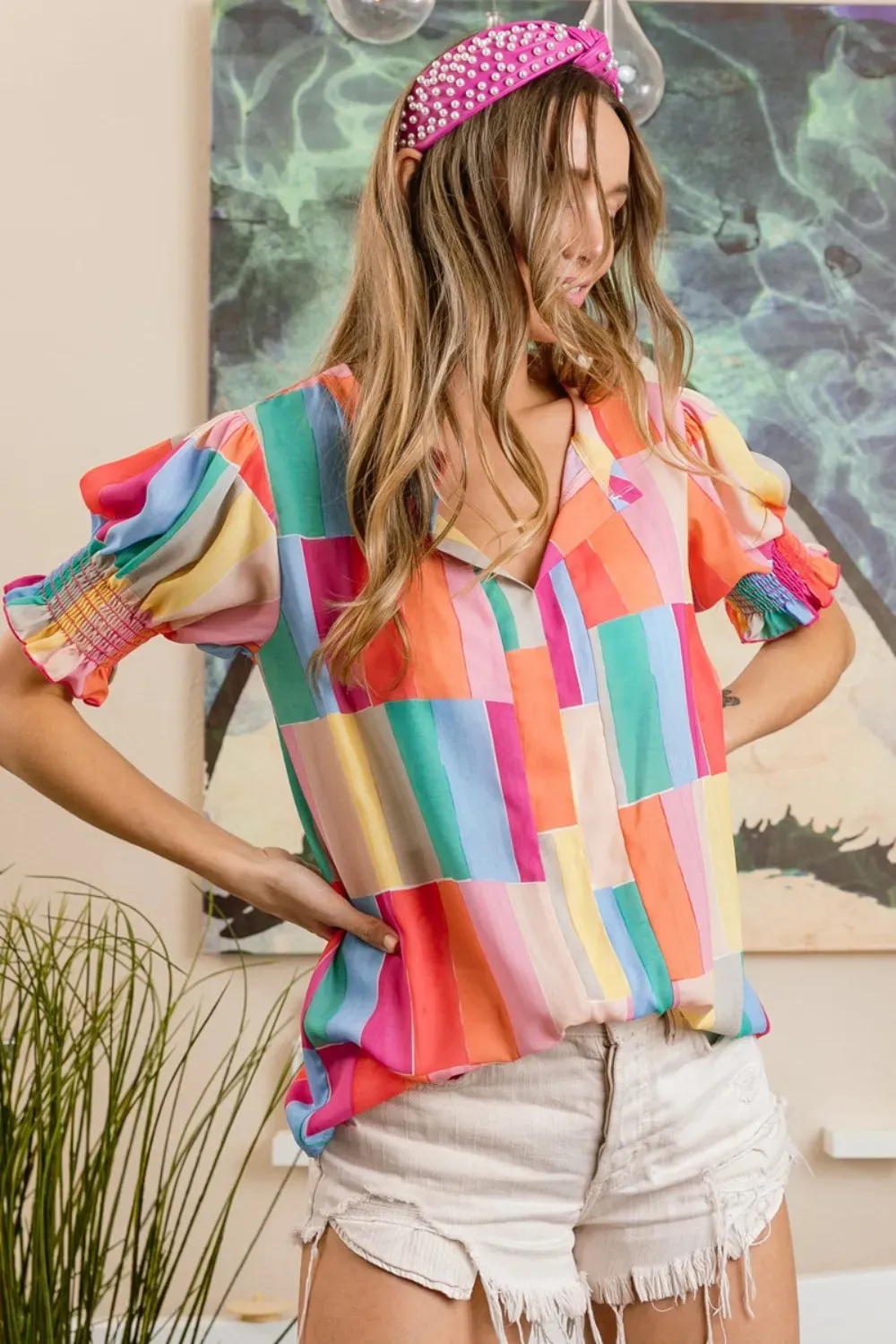 Color Block Smocked Short Sleeve Blouse