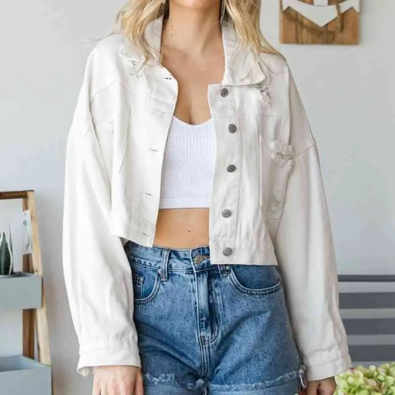 Cropped Collared Neck Dropped Shoulder Denim Jacket