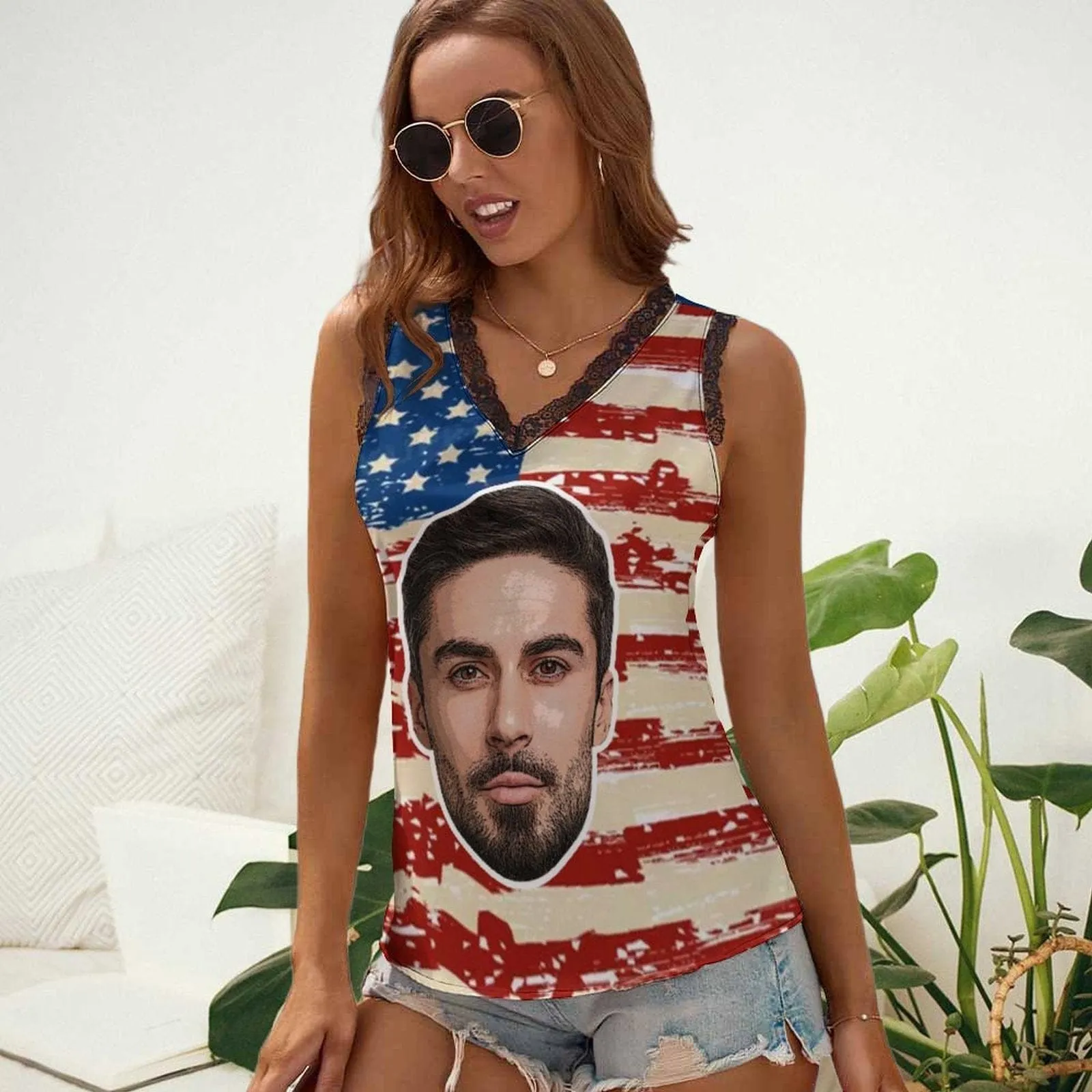 Custom Face on Tank Top Flag Personalized Women's V-Neck Sleeveless Top Stars Stripes Flag Design Gift for Her