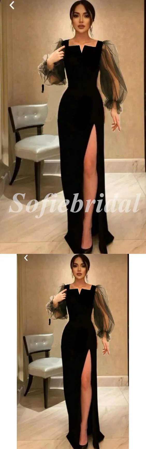 Elegant Black Tulle And Satin Long Sleeve Side Slit Sheath Long Prom Dresses,SFPD0607