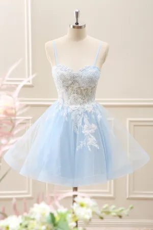 Elegant Blue A Line Corset Mini Dress with Appliques