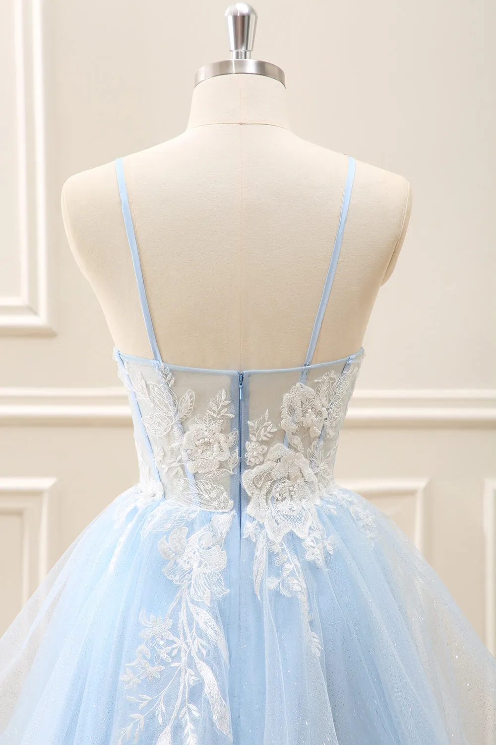 Elegant Blue A Line Corset Mini Dress with Appliques