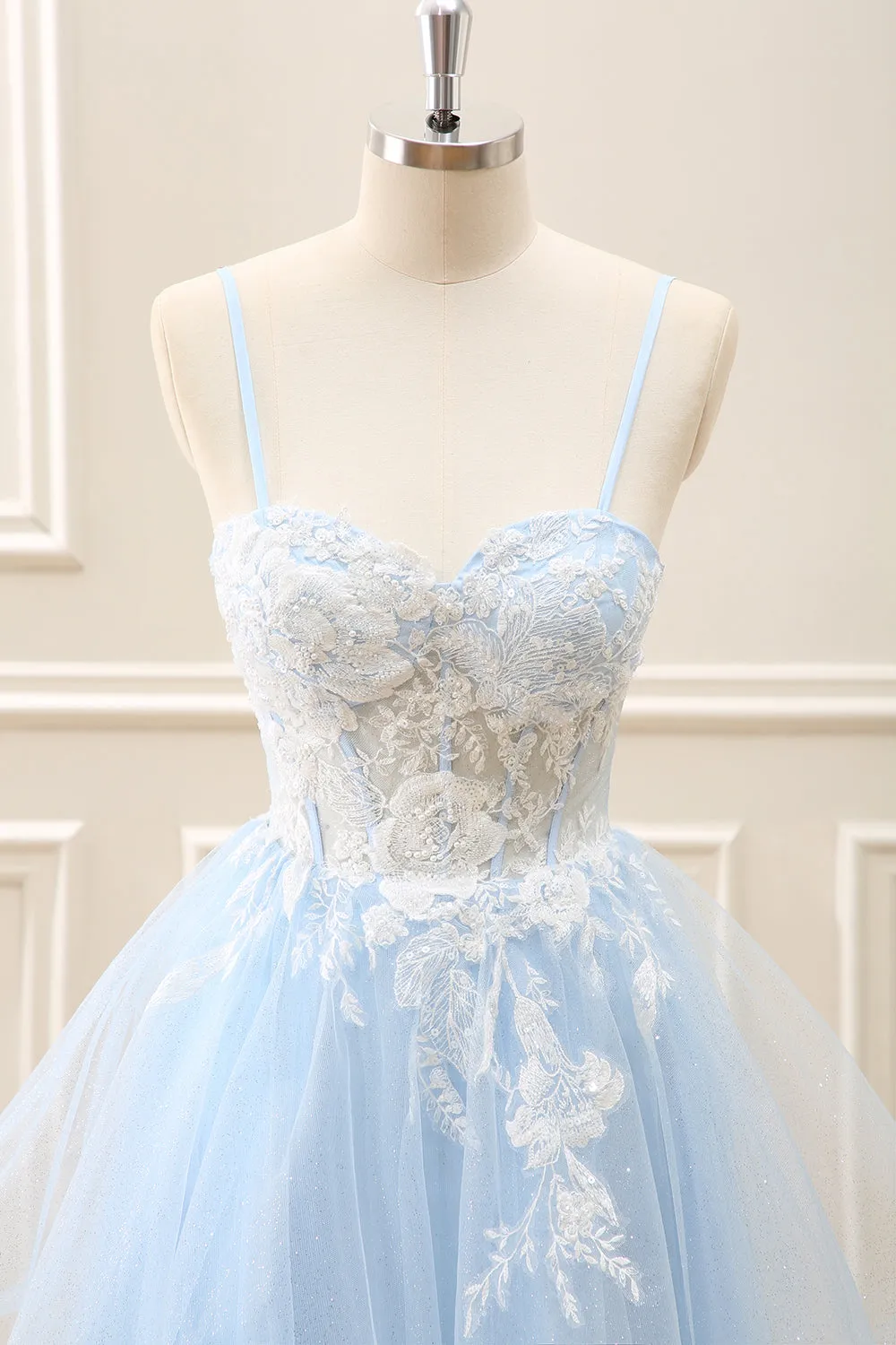 Elegant Blue A Line Corset Mini Dress with Appliques