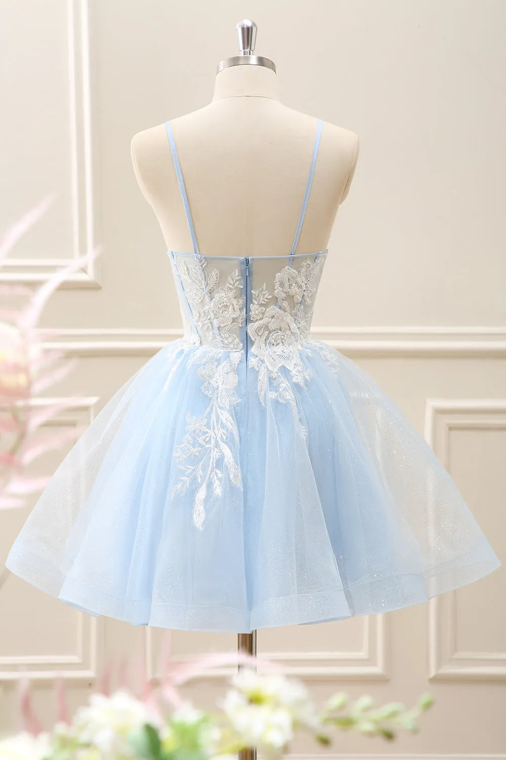 Elegant Blue A Line Corset Mini Dress with Appliques