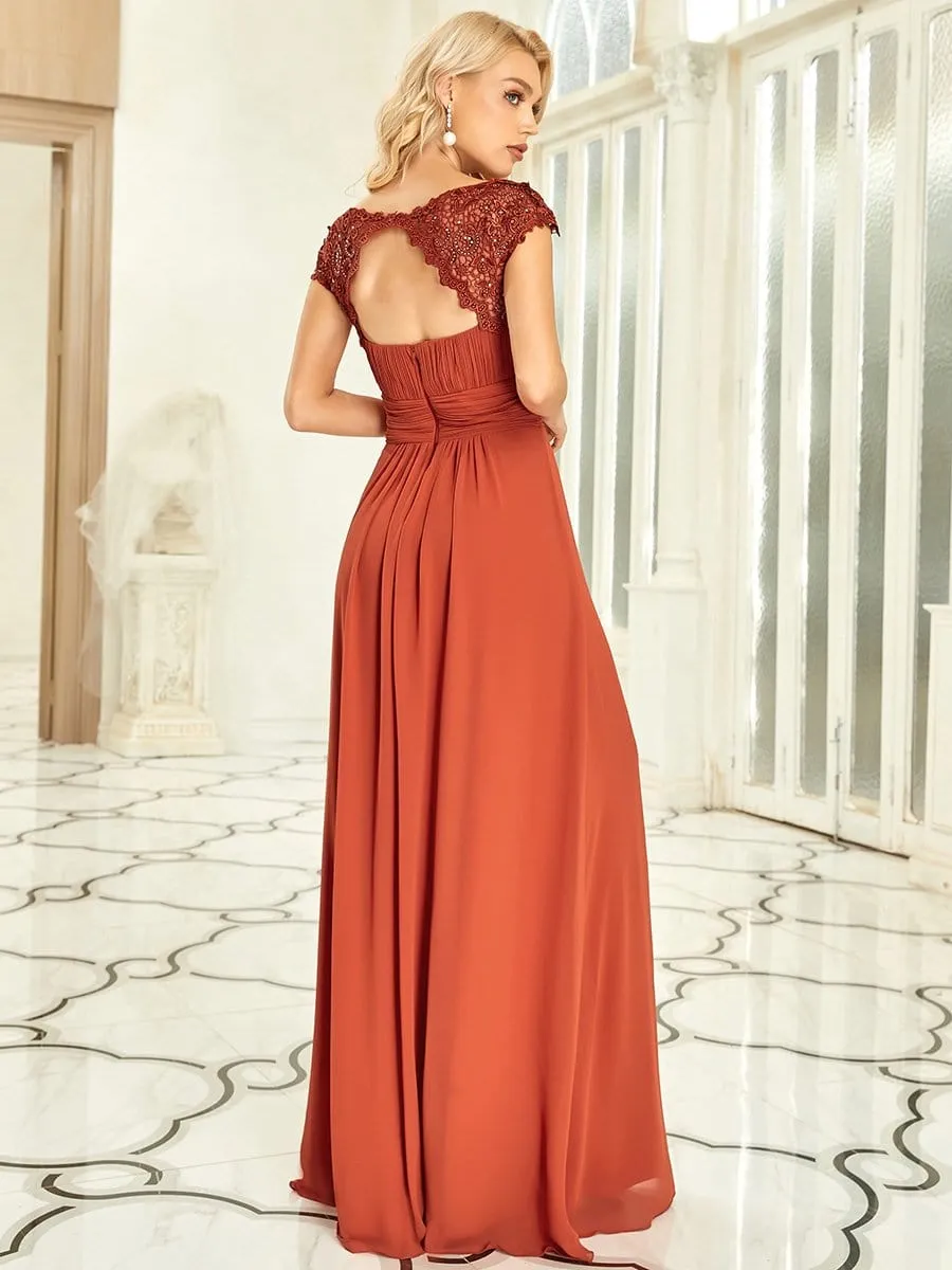 Elegant Floor-Length Lace Cap Sleeve Bridesmaid Dress