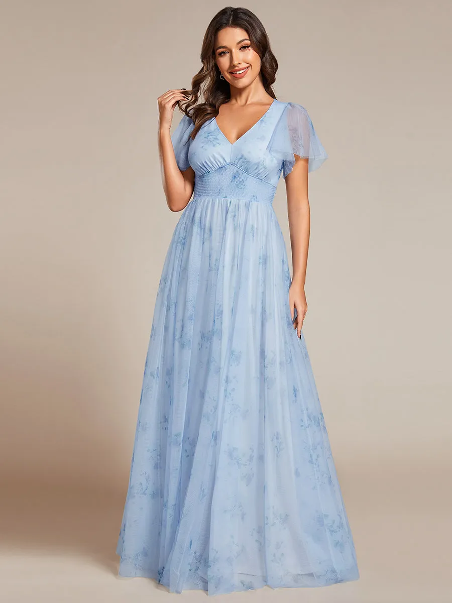 Elegant Printed Floral Tulle V-Neck Short Sleeves Whoelsale Evening Dress