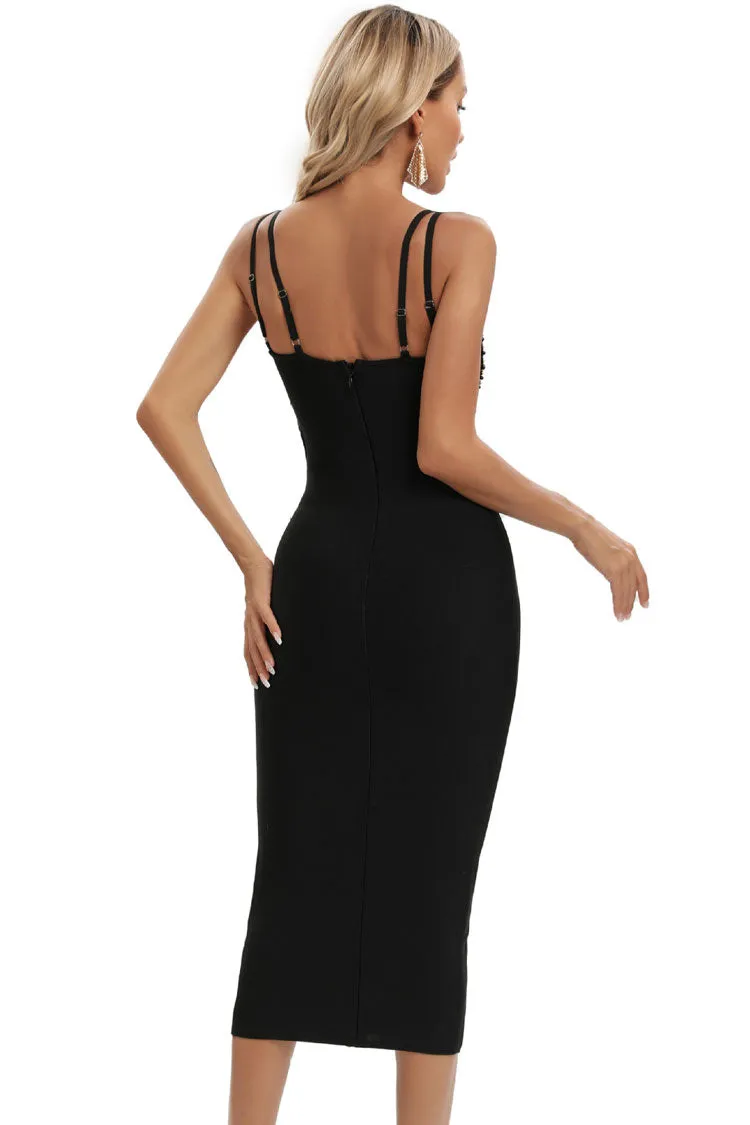 Elegant Seashells Sweetheart Cutout Bandage Sleeveless Midi Dress - Black