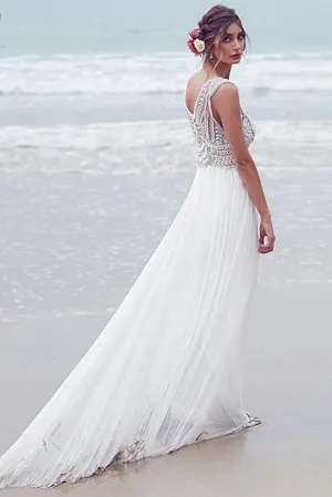 Elegant White Tulle Beach Wedding Dress with Beading