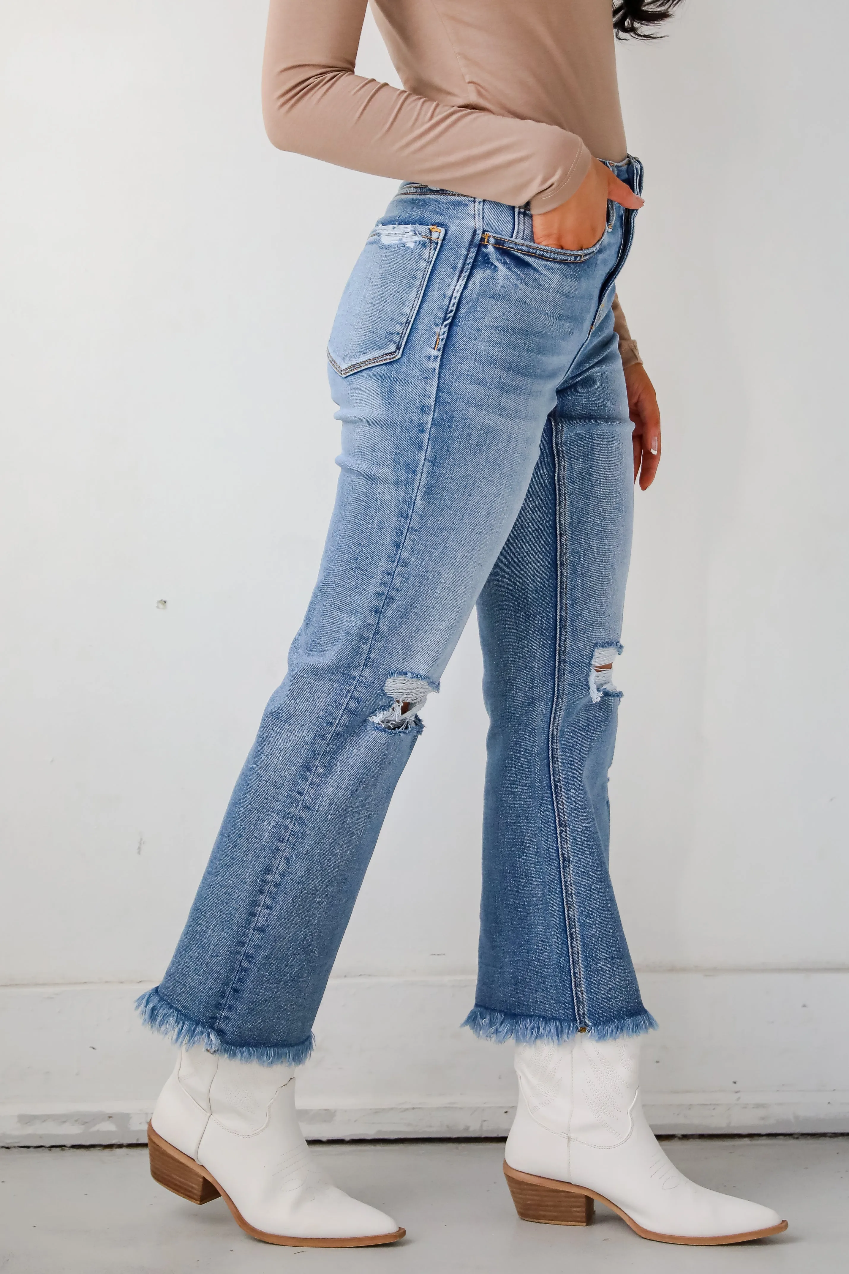 Emily Medium Wash High Rise Distressed Straight Leg Jeans