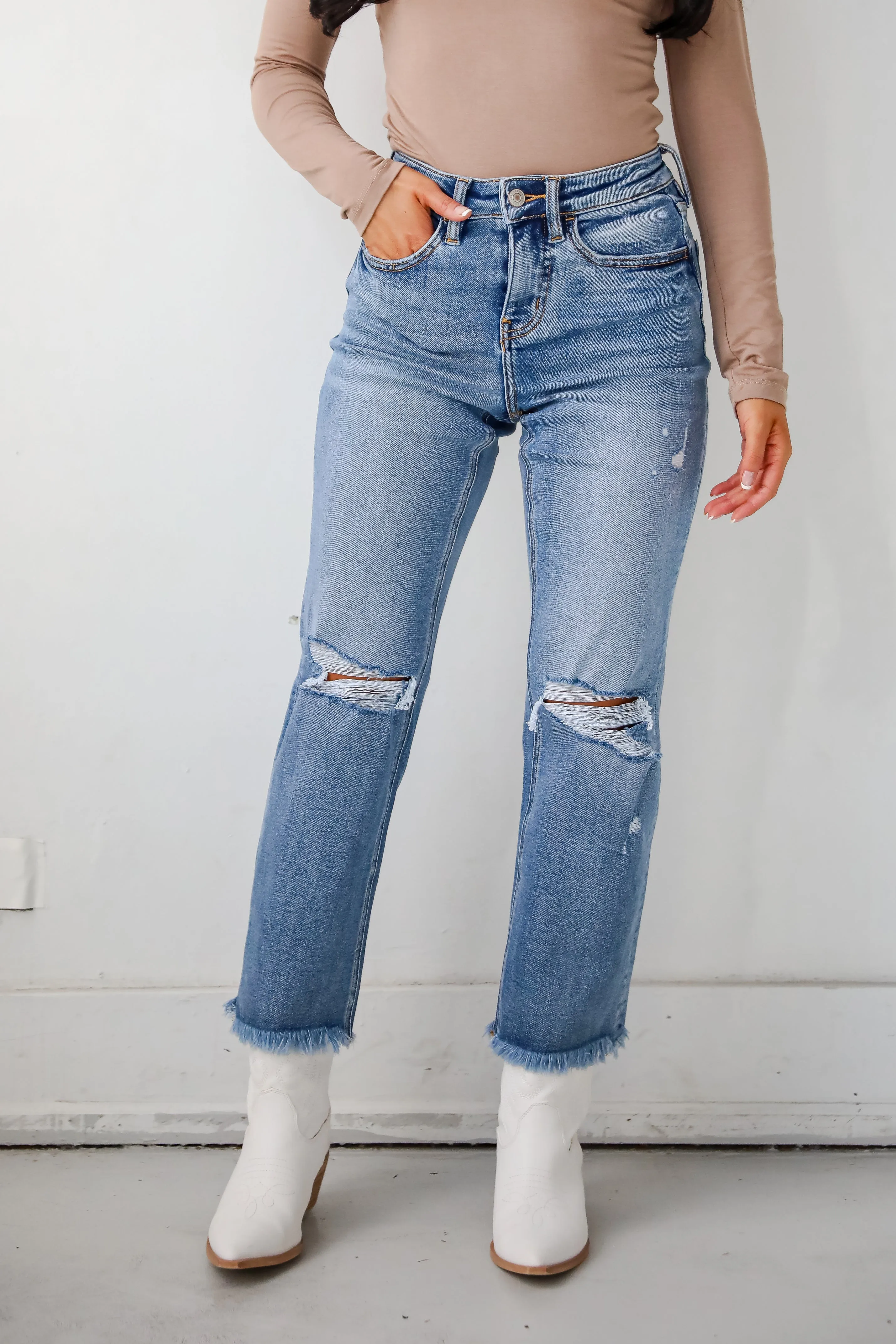 Emily Medium Wash High Rise Distressed Straight Leg Jeans