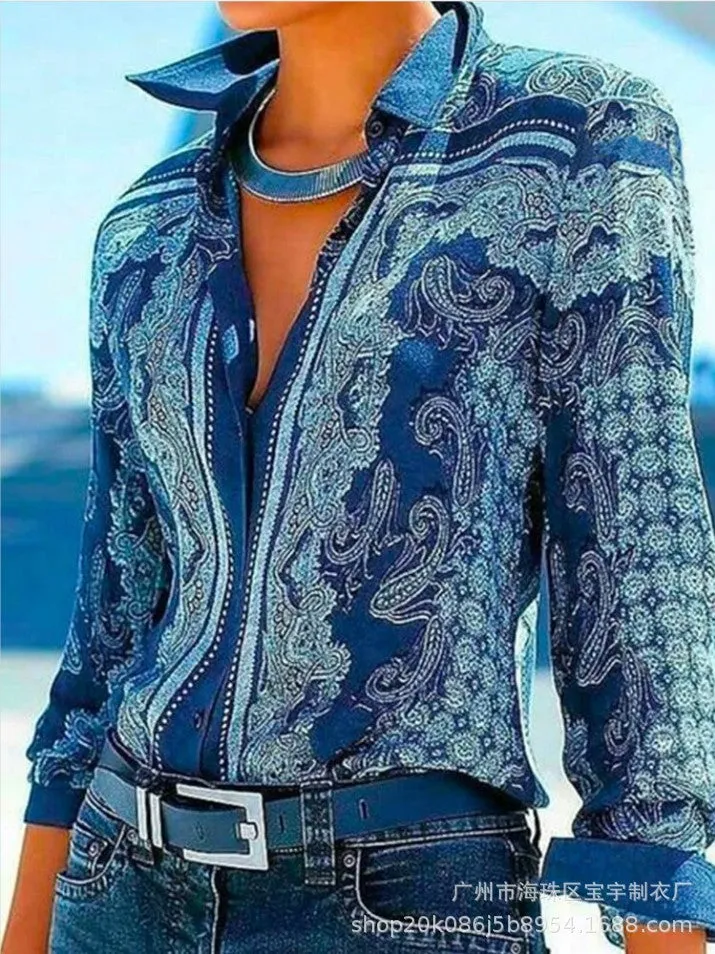 Fashion casual temperament printed lapel long sleeve shirt