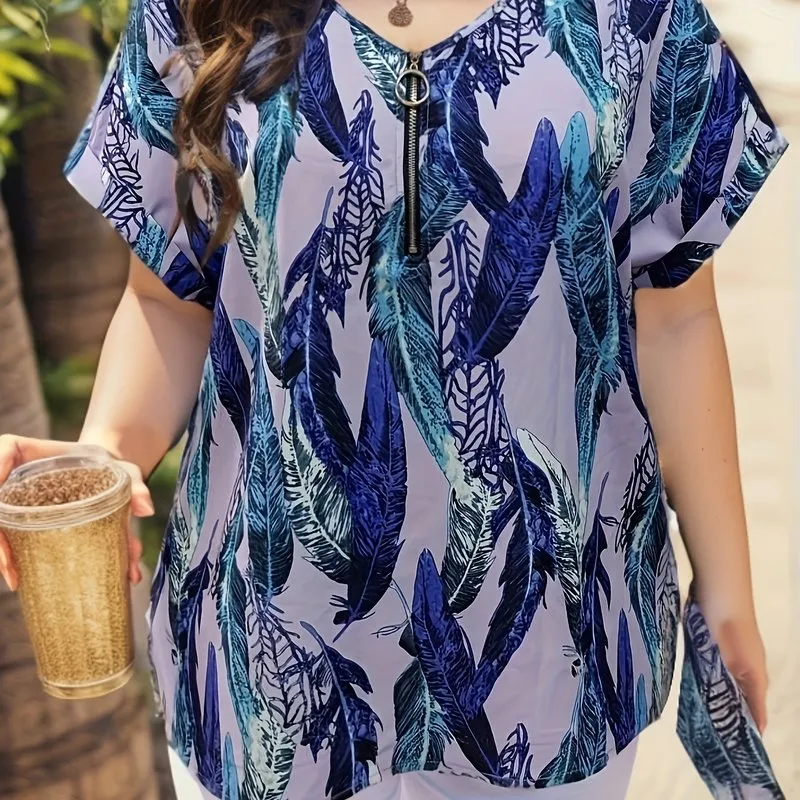 Feather Print VNeck Blouse for Plus Size Women