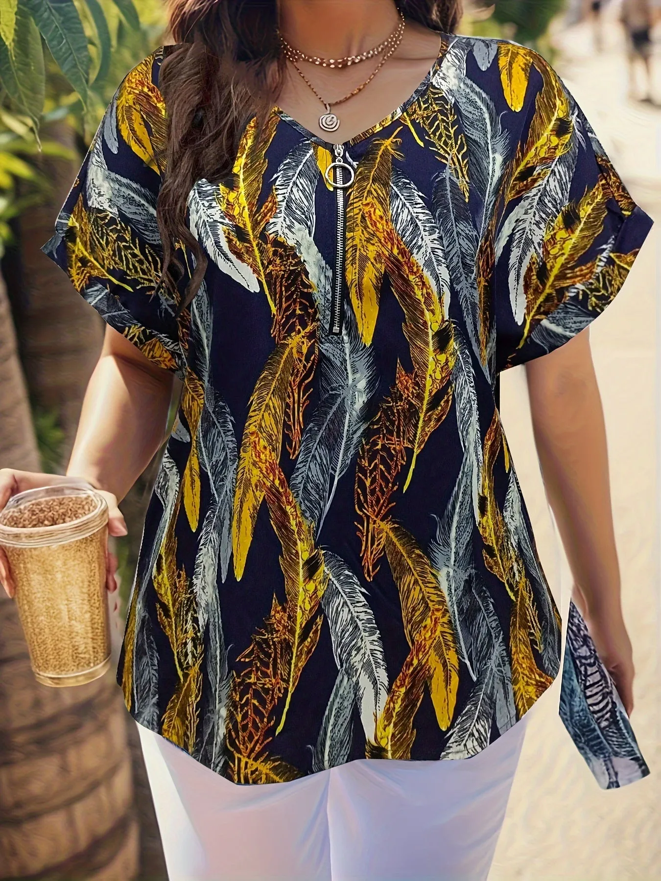 Feather Print VNeck Blouse for Plus Size Women