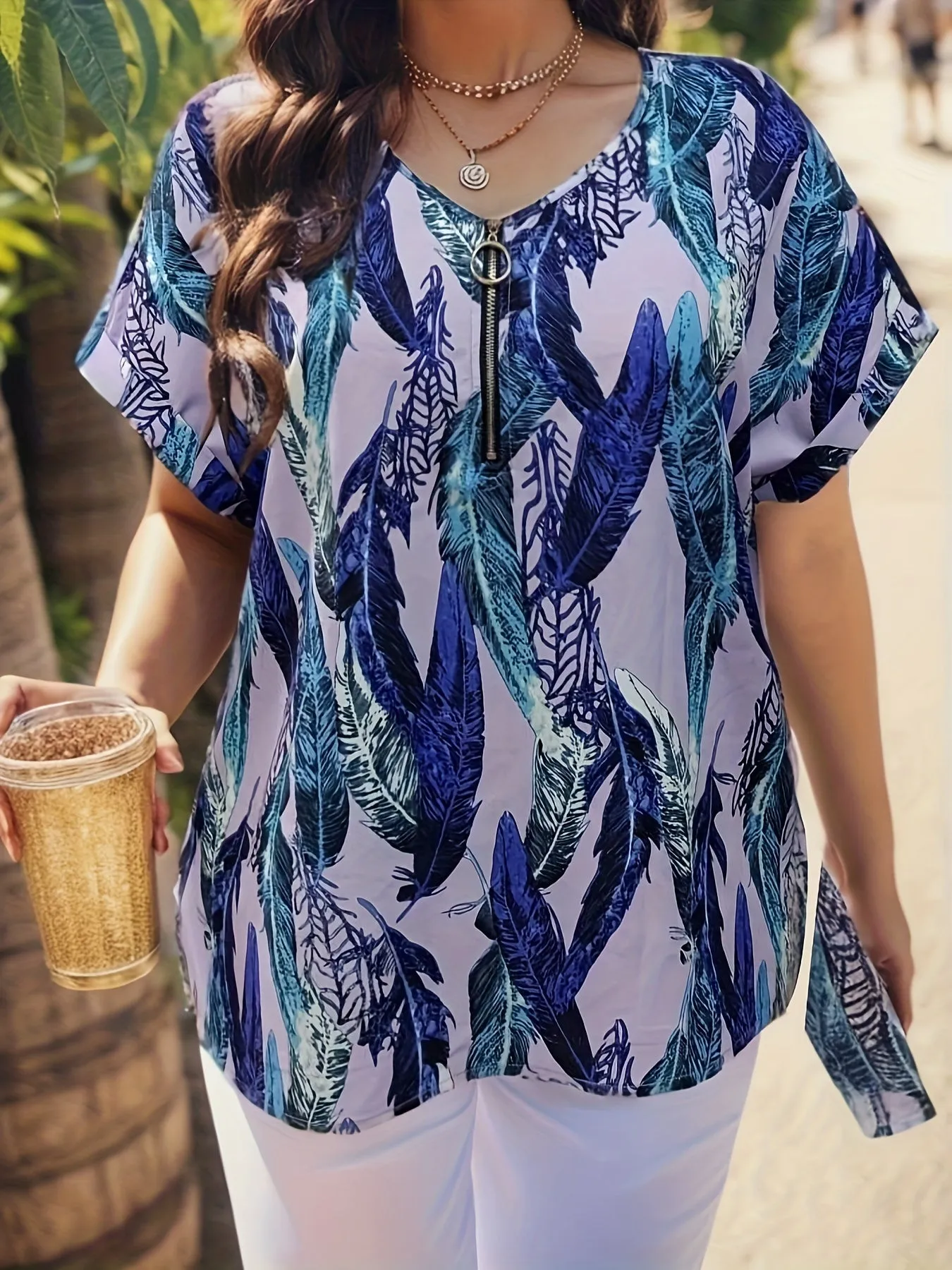 Feather Print VNeck Blouse for Plus Size Women