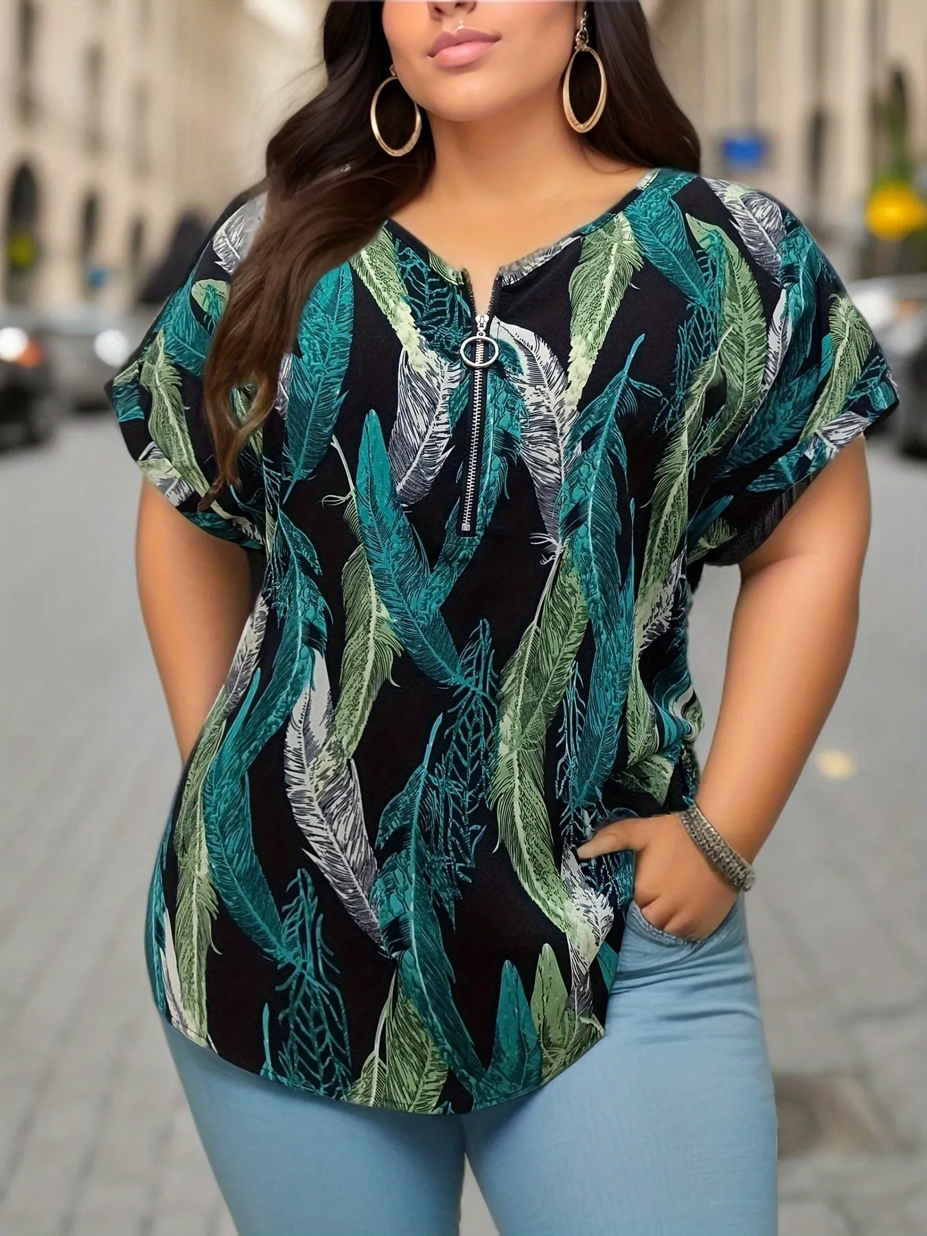 Feather Print VNeck Blouse for Plus Size Women