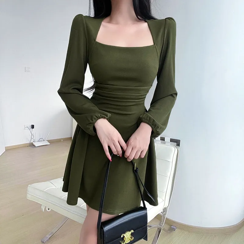 Folds Puff Sleeve Corset A Line Mini Dress Square Collar Sexy Chic And Elegant Woman dress Fall Elegant Party Dresses