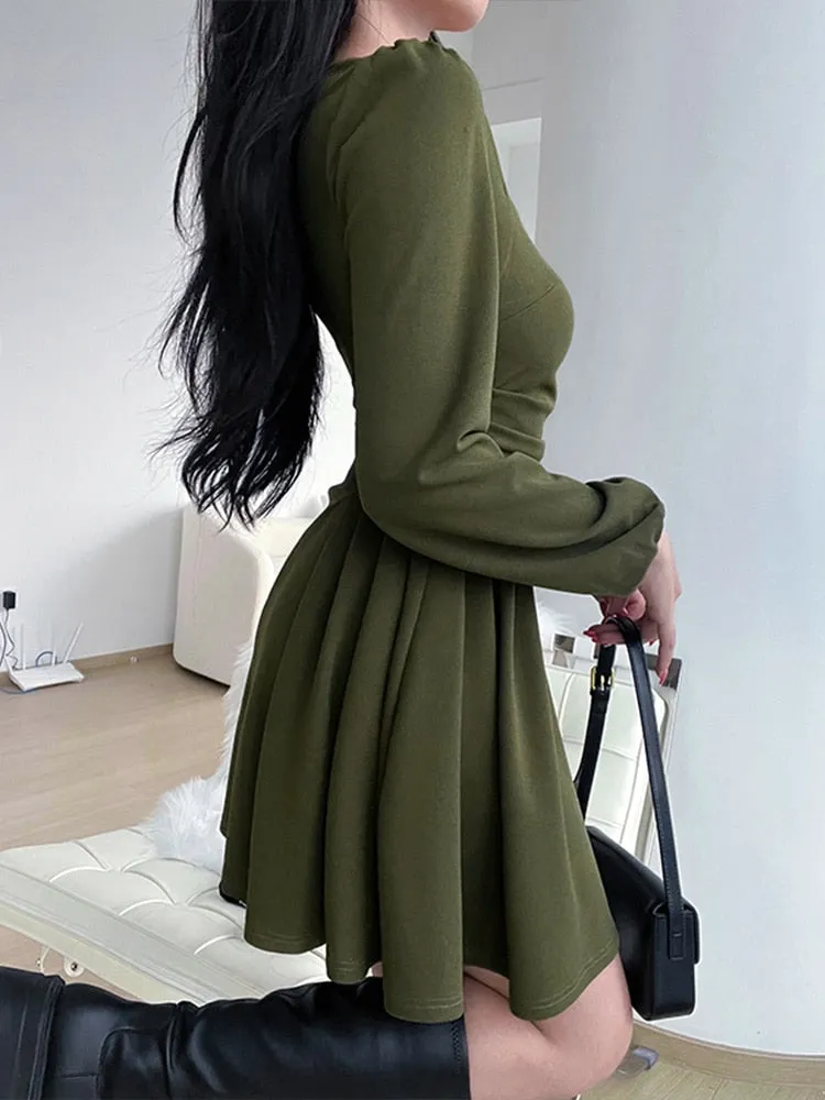 Folds Puff Sleeve Corset A Line Mini Dress Square Collar Sexy Chic And Elegant Woman dress Fall Elegant Party Dresses