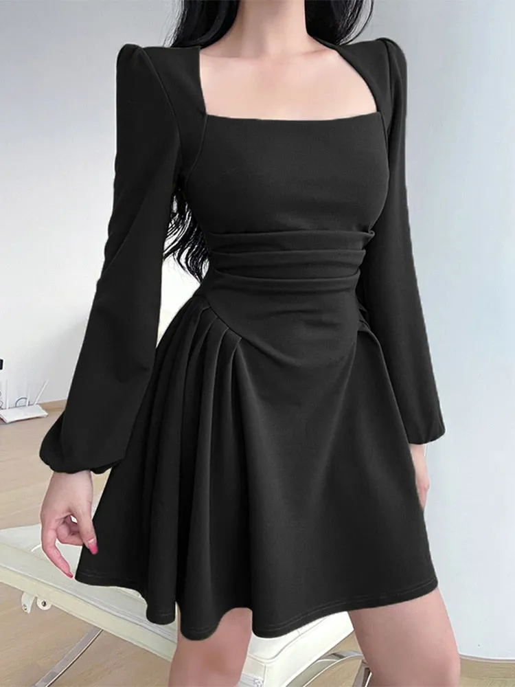 Folds Puff Sleeve Corset A Line Mini Dress Square Collar Sexy Chic And Elegant Woman dress Fall Elegant Party Dresses