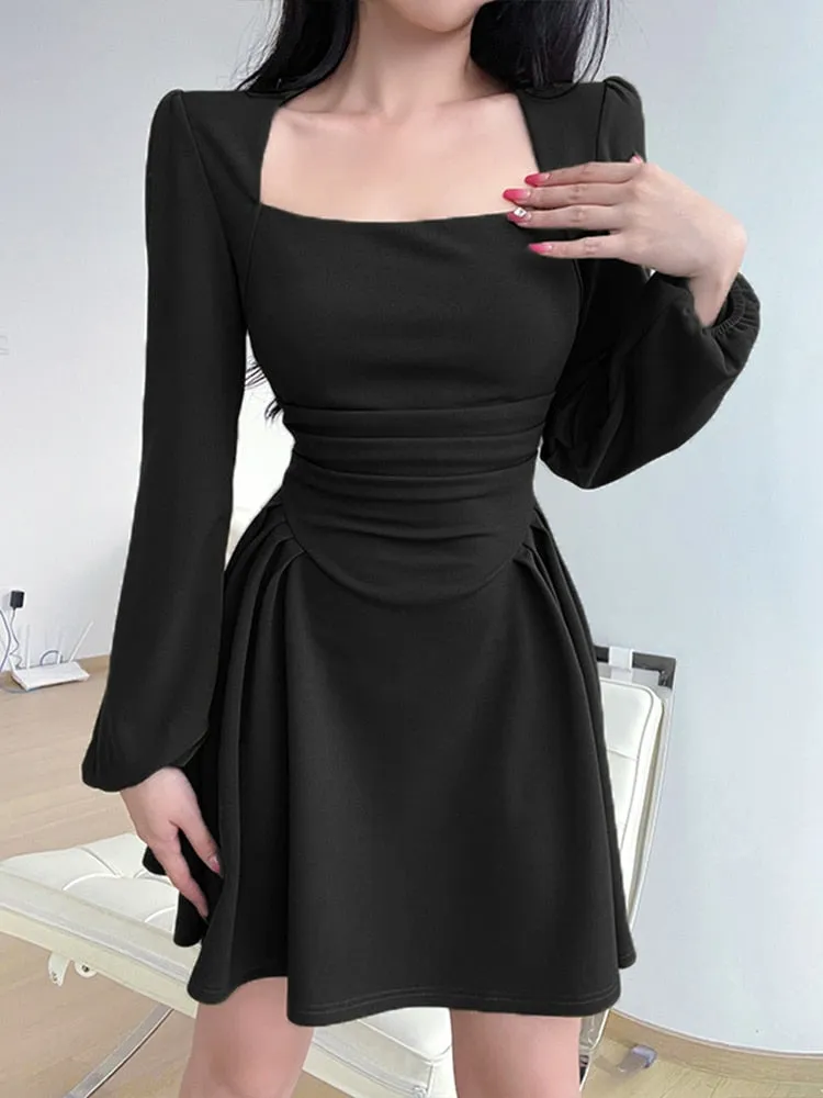 Folds Puff Sleeve Corset A Line Mini Dress Square Collar Sexy Chic And Elegant Woman dress Fall Elegant Party Dresses