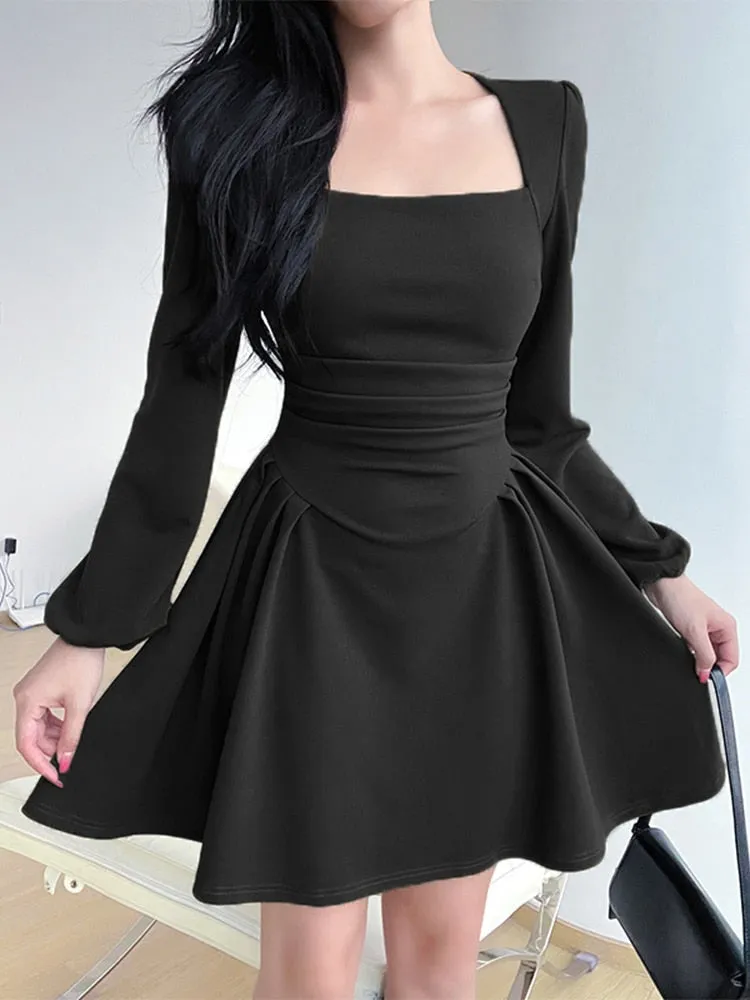 Folds Puff Sleeve Corset A Line Mini Dress Square Collar Sexy Chic And Elegant Woman dress Fall Elegant Party Dresses