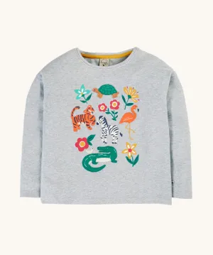 Frugi Bethany Applique Top - Grey Marl/Go Wild Animals