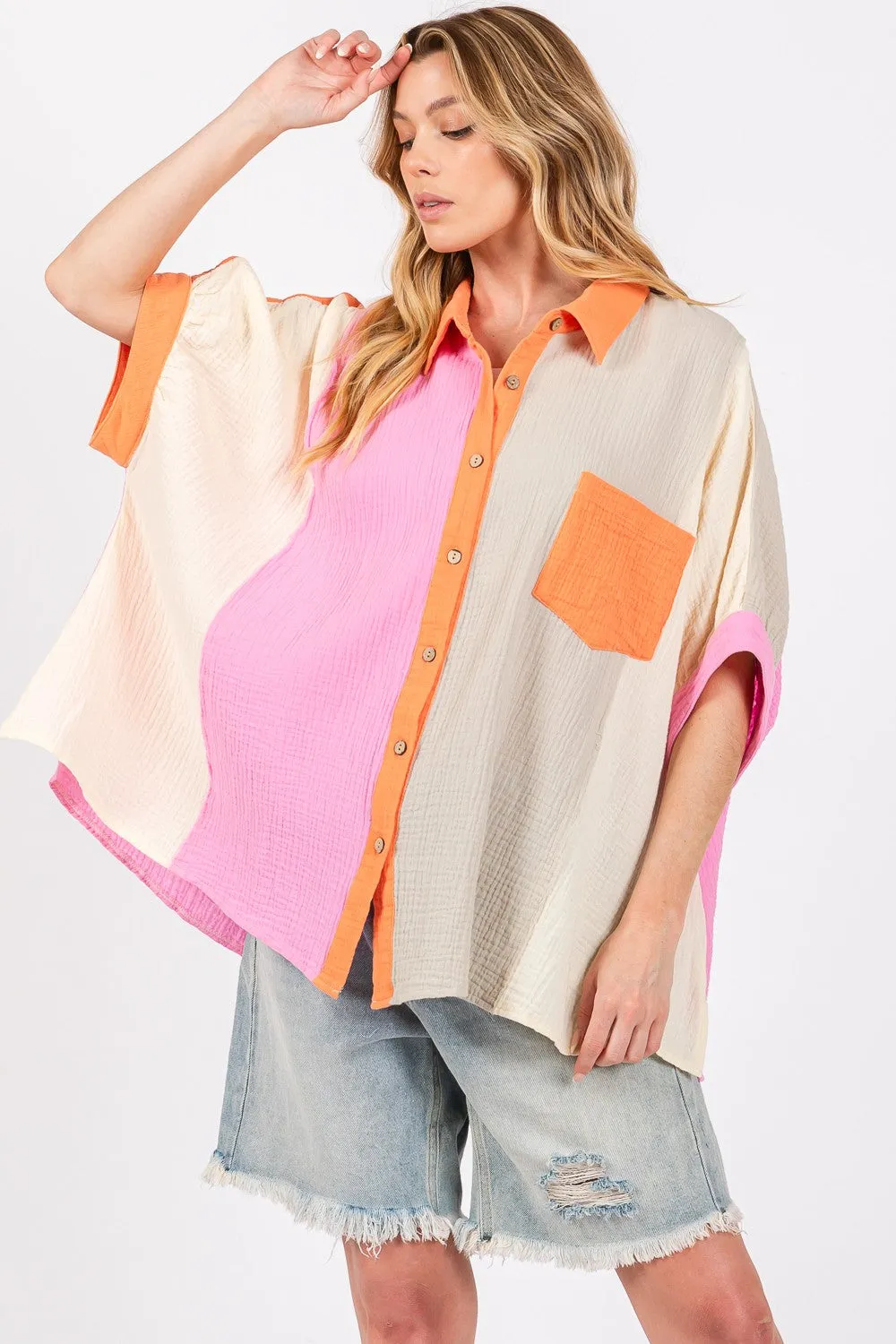 Full Size Color Block Button-Down Shirt