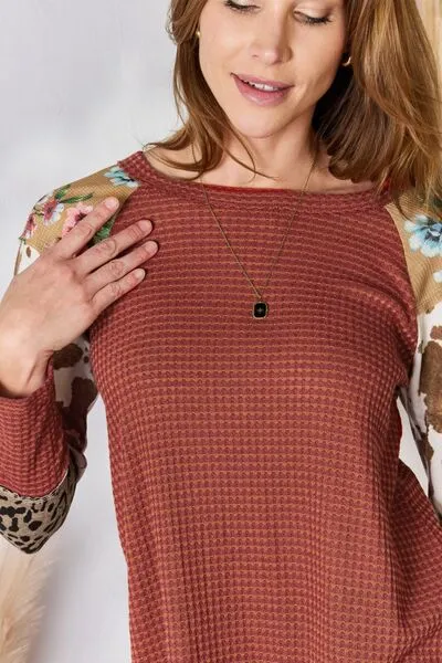 Full Size Leopard Waffle-Knit Blouse