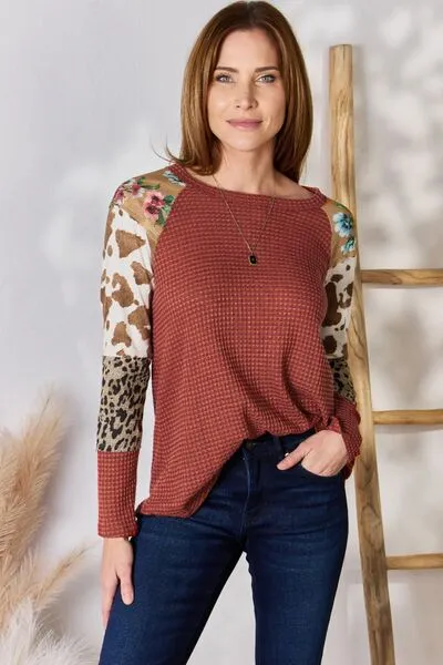 Full Size Leopard Waffle-Knit Blouse