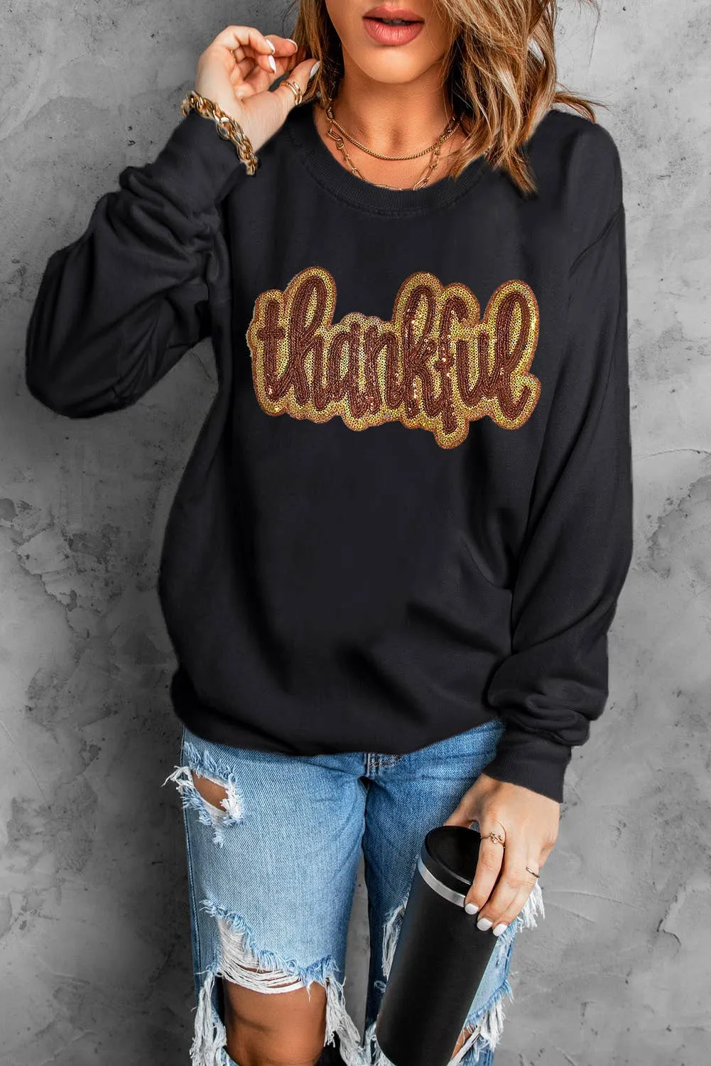 Glittering thankful Graphic Drop Shoulder Sweatshirt