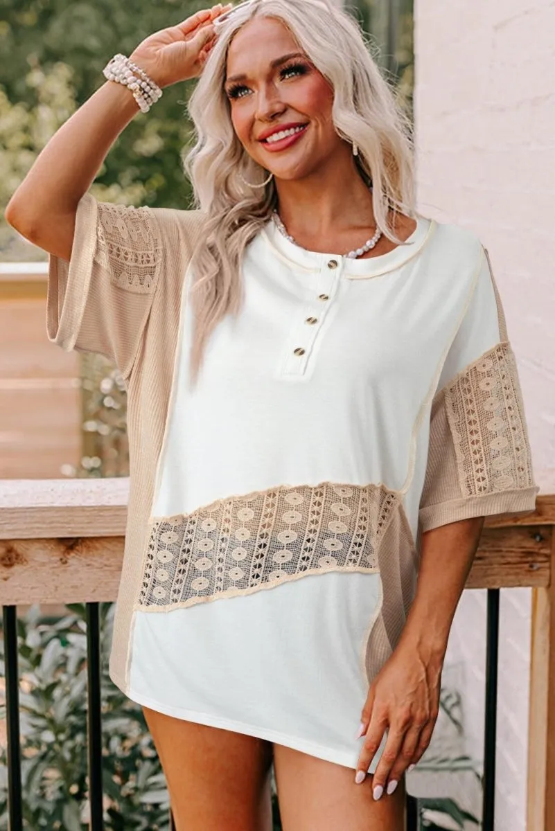 Henley White Lace Splicing Short Sleeve Top