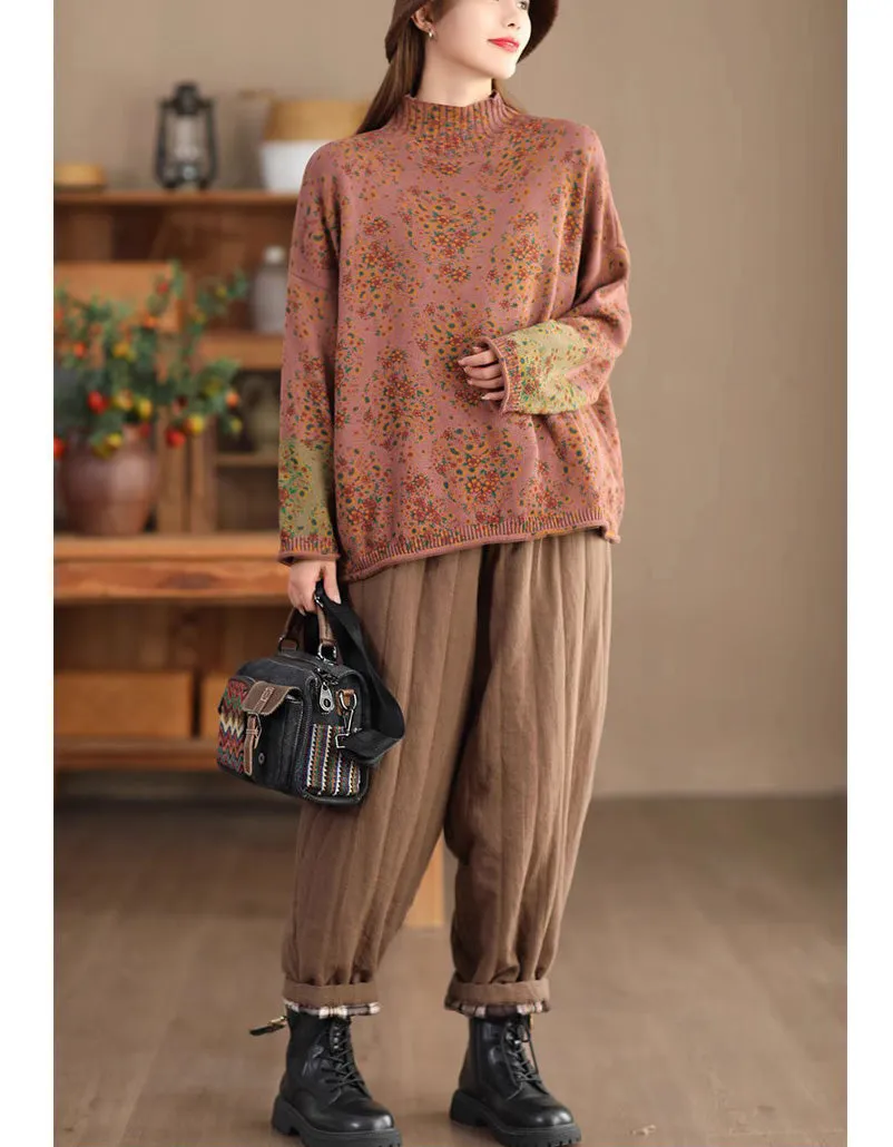 High Neck Comfortable Floral Loose Sweater