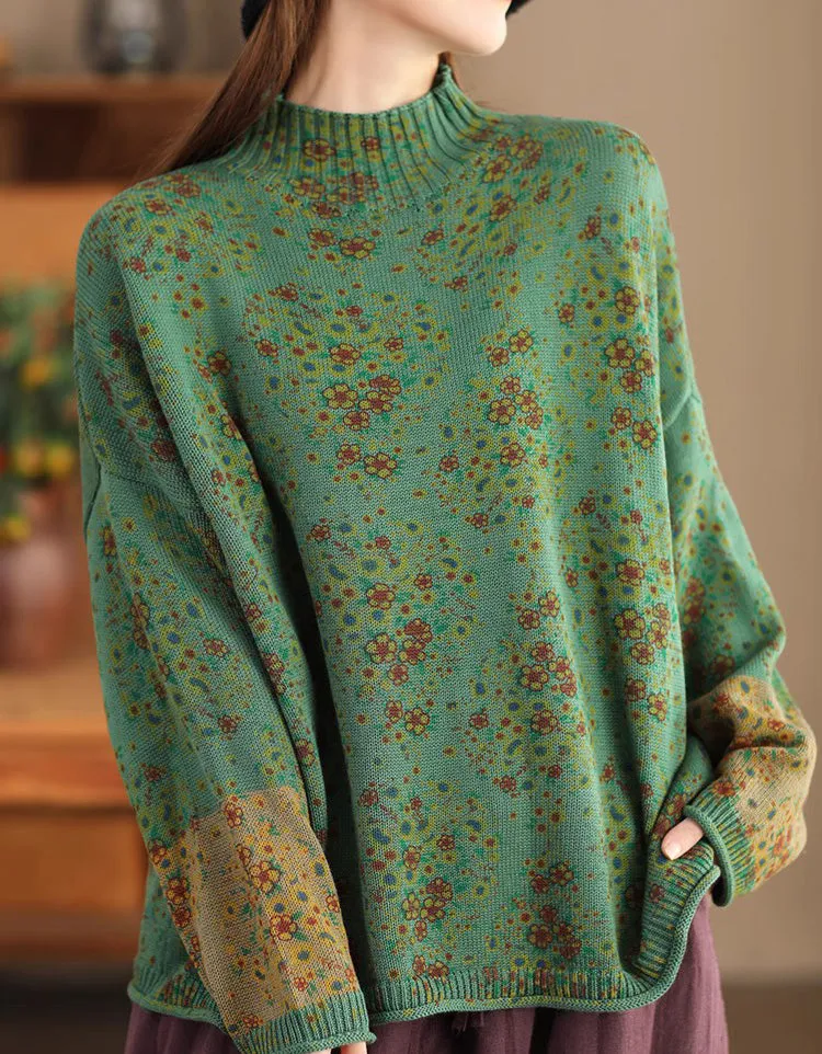 High Neck Comfortable Floral Loose Sweater