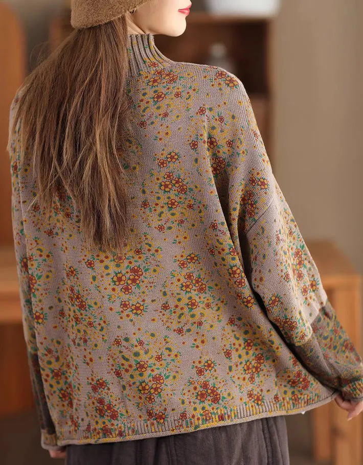 High Neck Comfortable Floral Loose Sweater