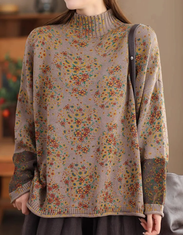 High Neck Comfortable Floral Loose Sweater